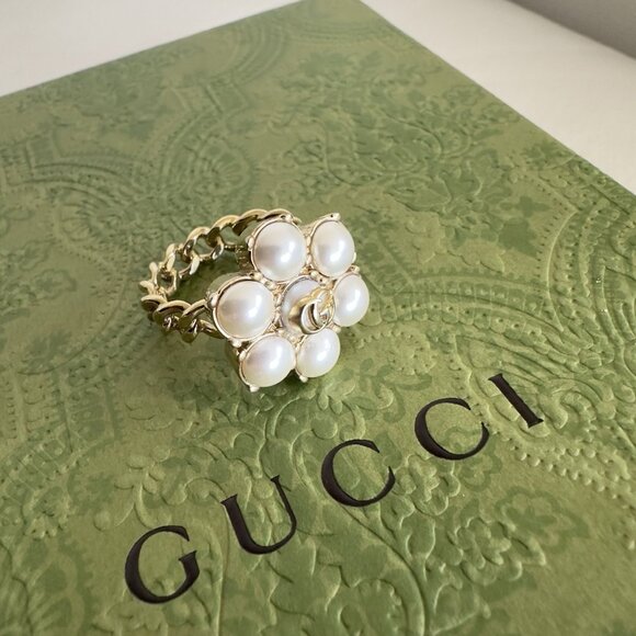 NEW GUCCI Ring Pearl Double G GG Logo Gold Sz L 100% Authentic - Picture 6 of 9